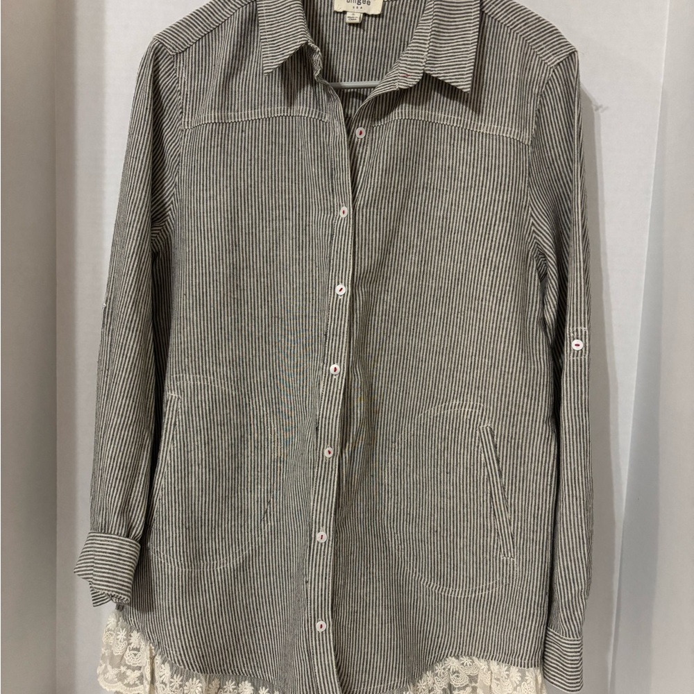 Umgee Black and White Striped Shirt with Lace Detail